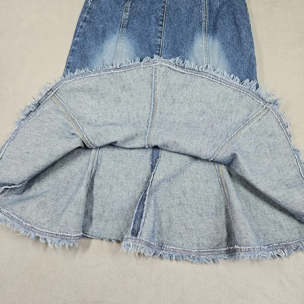 Vintage Quizz New York Denim‎ Skirt 9/10 Frayed Hem Midi Skirt Preppy Y2K Grunge